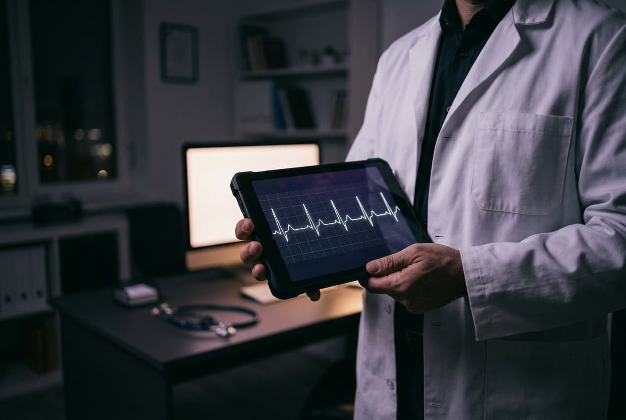 Illustration: a clinician holding a tablet with an ECG trace in a dim clinic office