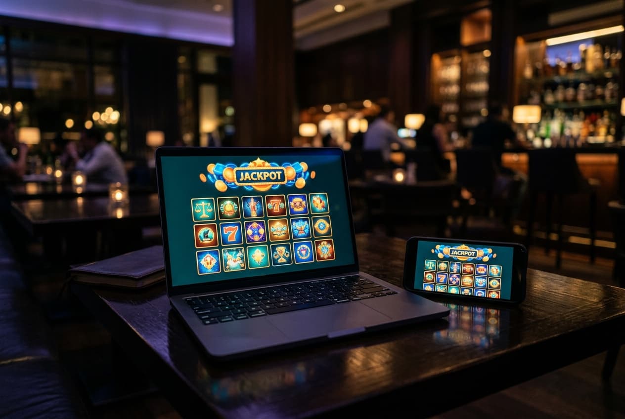Illustration: a laptop and phone showing a glowing casino games lobby on a dark table