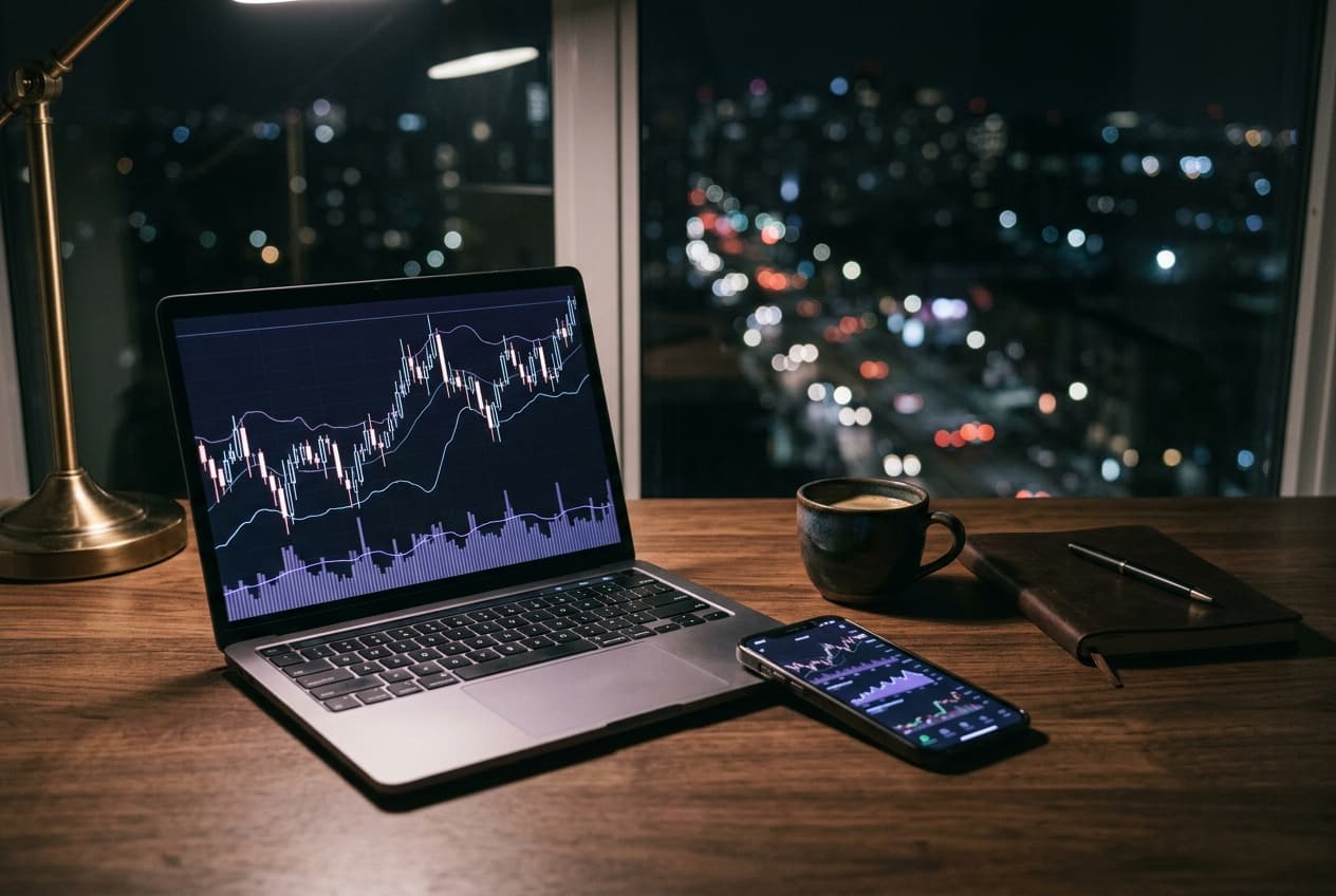 Illustration: a laptop and phone showing market charts on a desk at night