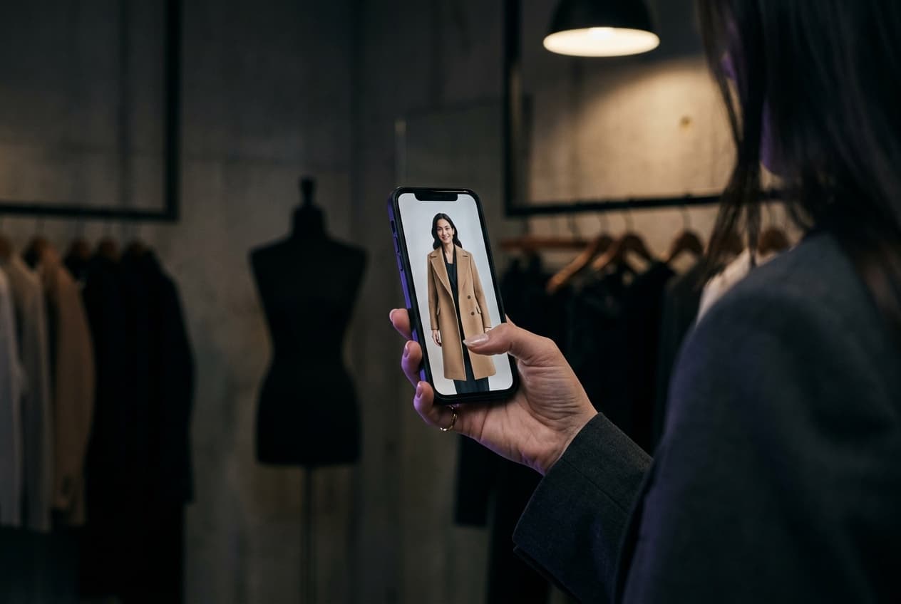 Illustration: a phone showing a virtual try-on of a glowing garment in a dark boutique