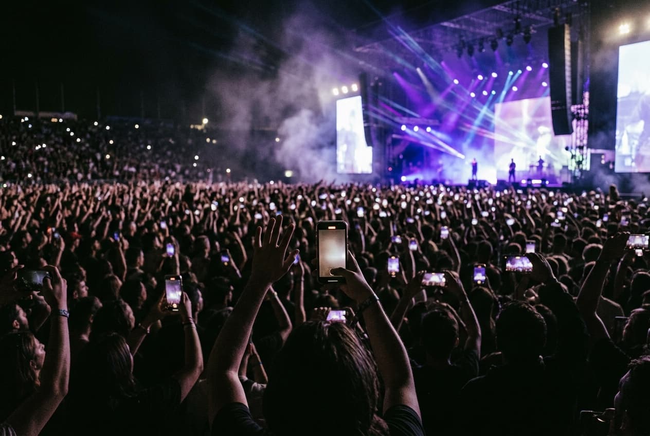 Illustration: a concert crowd at night holding up glowing phones