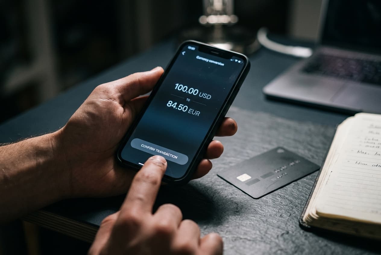 Illustration: a hand holding a phone with a crypto payment screen, a bank card nearby