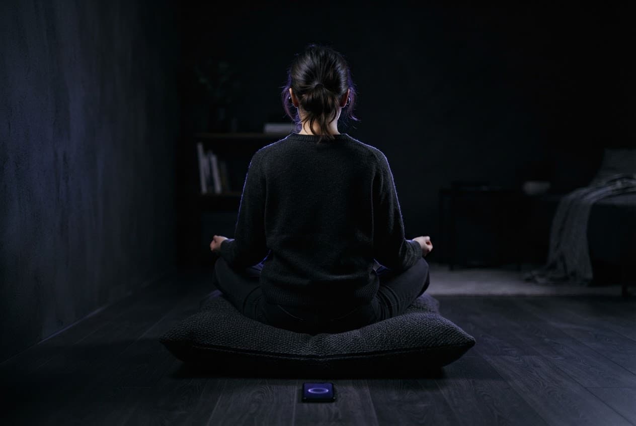 Illustration: a person meditating on a cushion at night, a phone glowing on the floor