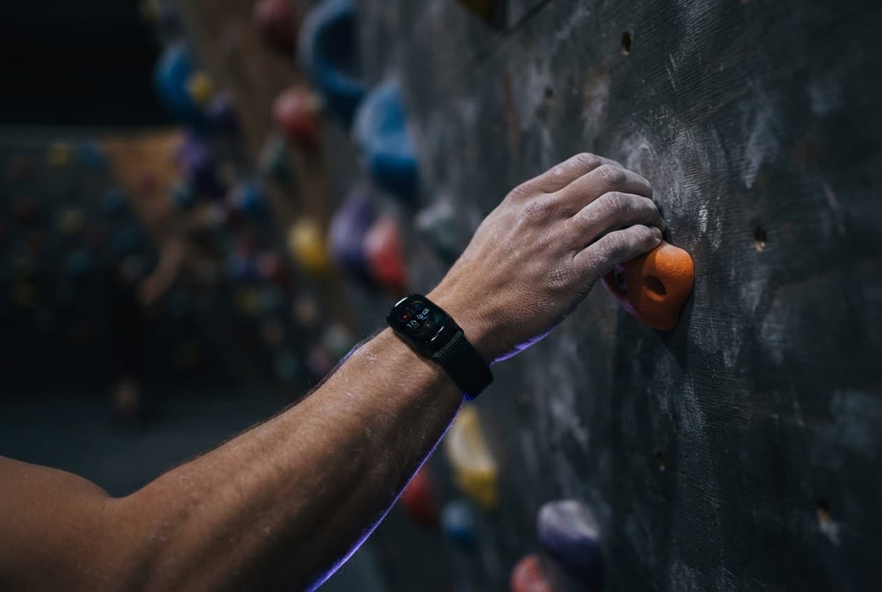 Illustration: a chalked hand on a climbing hold, a fitness tracker on the wrist