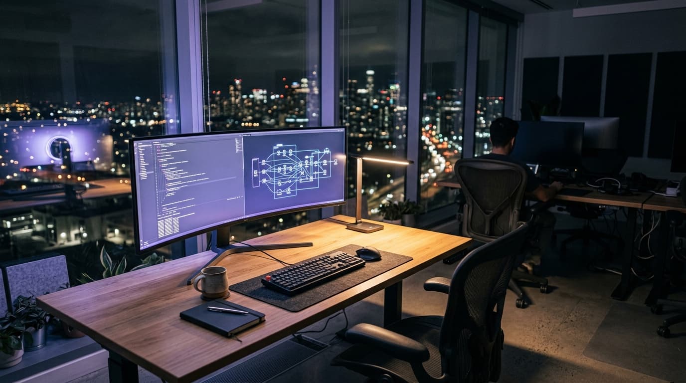 Illustration: an engineering desk at night with code and a system diagram on screen