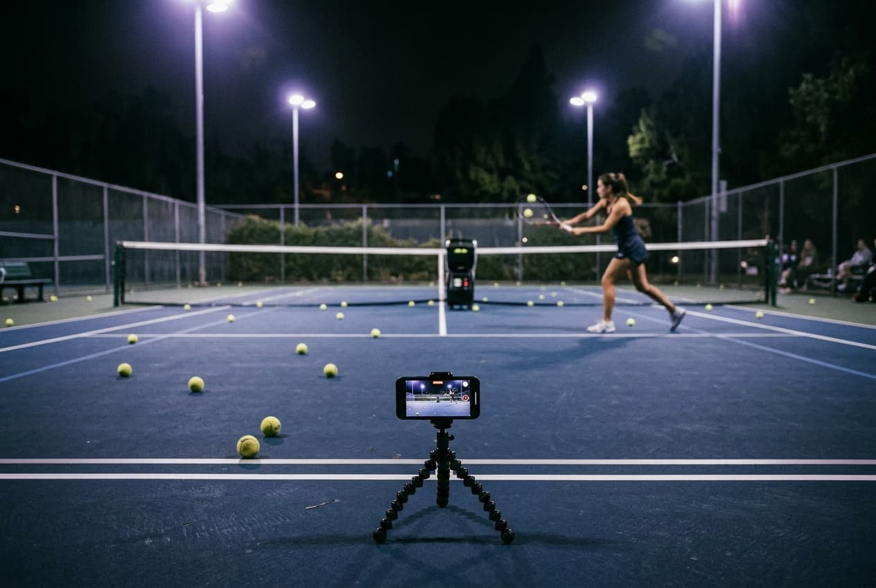 Illustration: a tennis court at night with a ball machine and a phone on a tripod