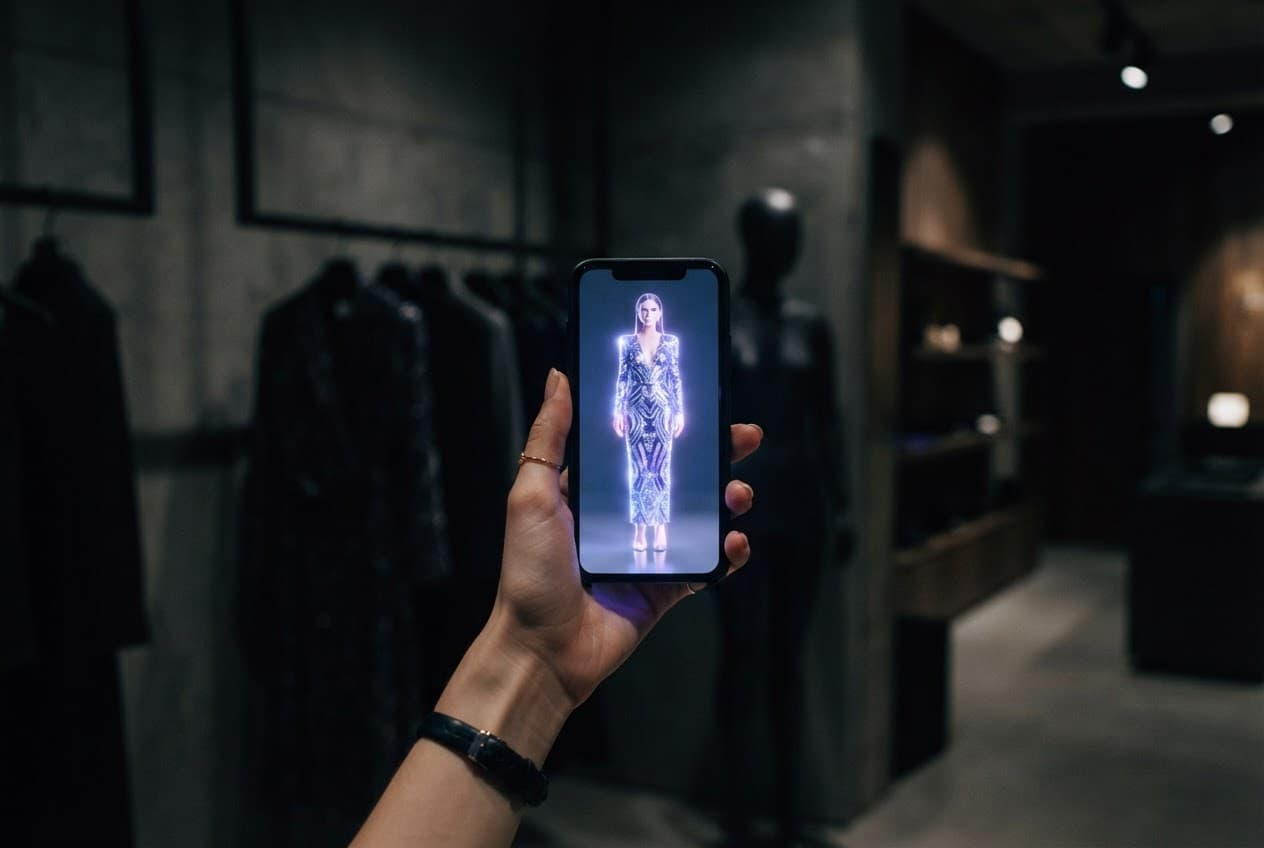 Illustration: a phone showing a virtual try-on of a glowing garment in a dark boutique