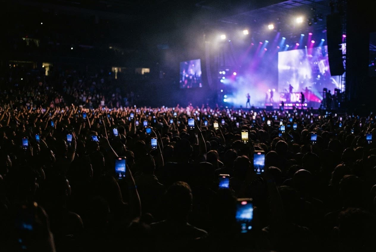Illustration: a concert crowd at night holding up glowing phones