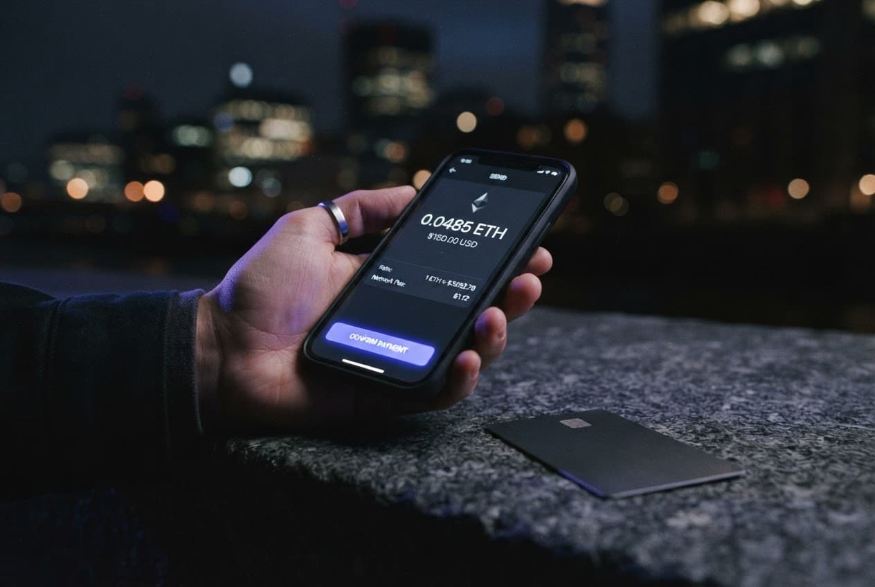 Illustration: a hand holding a phone with a crypto payment screen, a bank card nearby